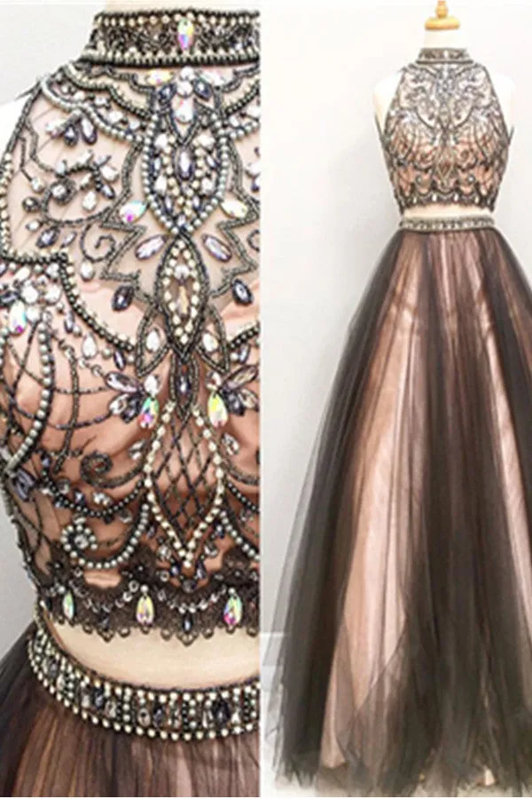 2 Pieces High Neck Black Pink Evening Gowns Long Prom Dress