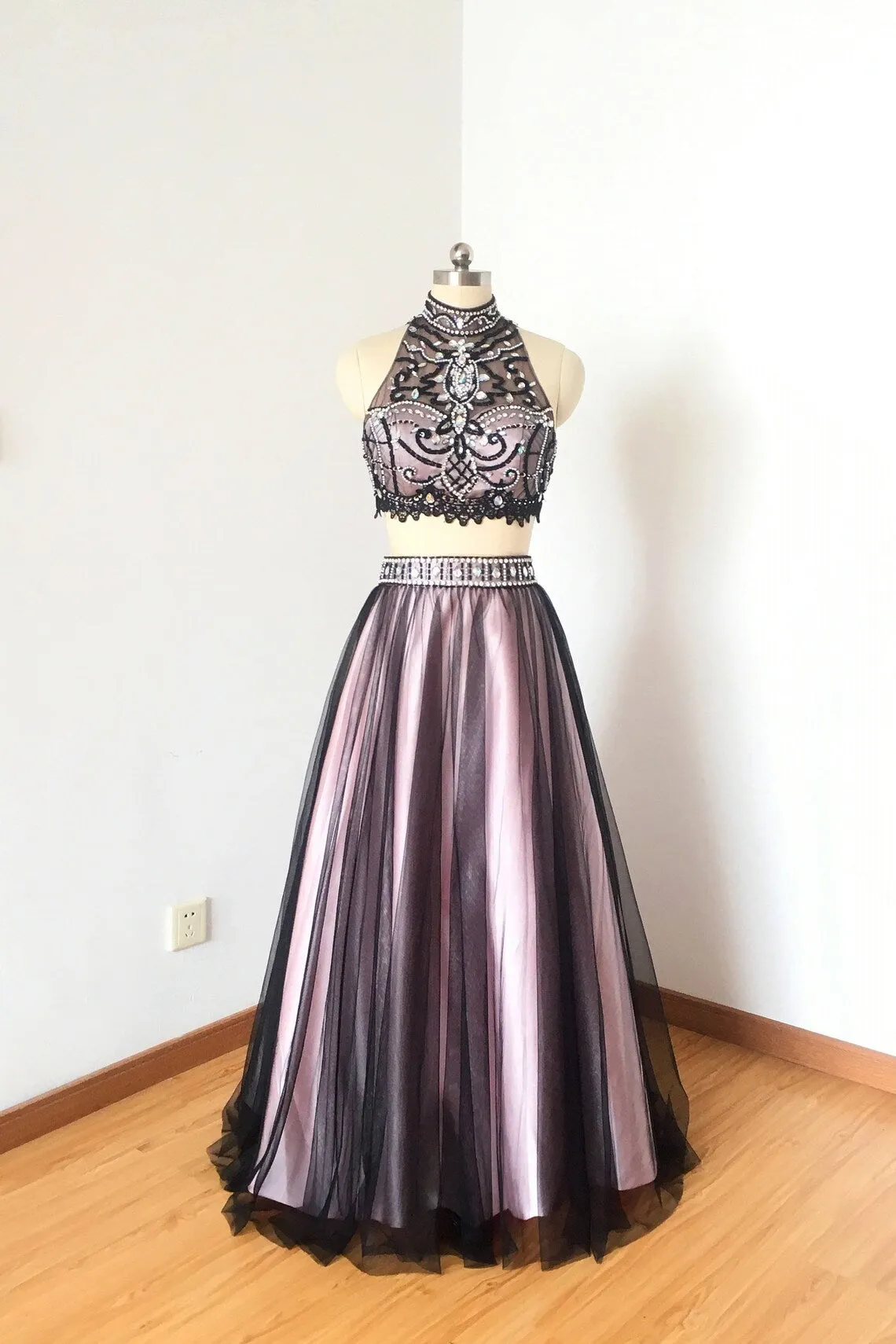 2 Pieces High Neck Black Pink Evening Gowns Long Prom Dress
