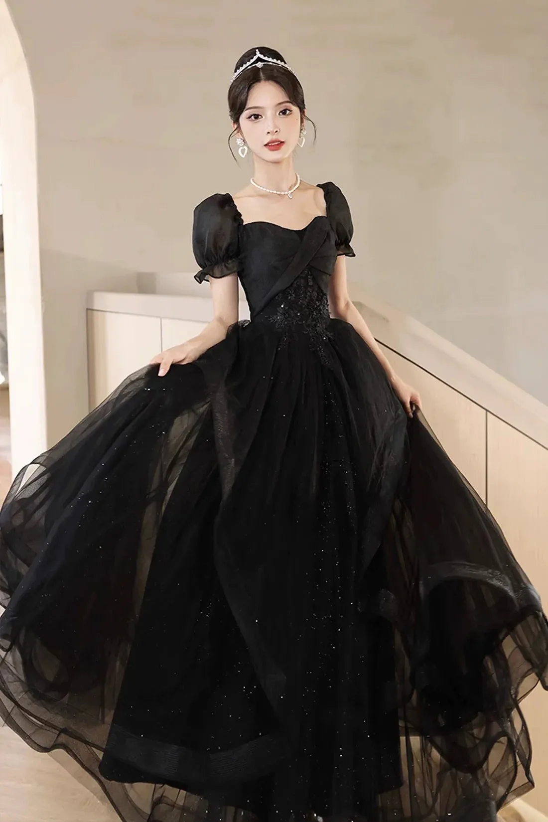 Black Shiny Tulle Short Sleeves Floor Length Party Dress, A-Line Prom Evening Dress
