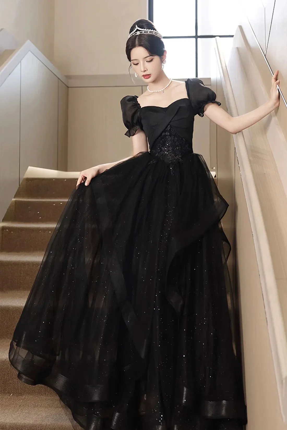 Black Shiny Tulle Short Sleeves Floor Length Party Dress, A-Line Prom Evening Dress