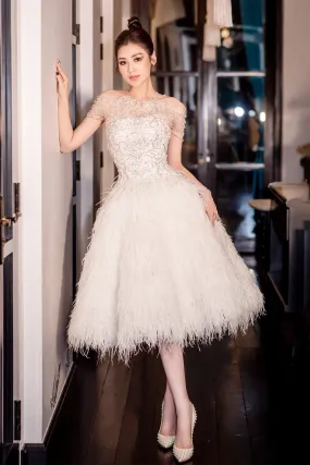Cold-Shoulder Feathered Midi Dress