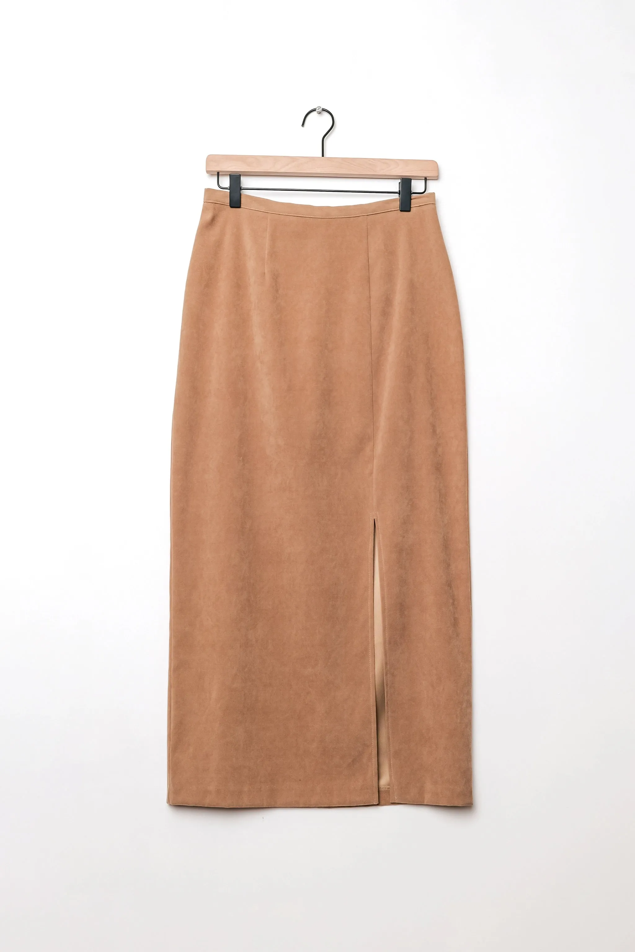 Faux Suede Tan High Waisted Midi Skirt US 8 M/L Y2K First Option Lightweight