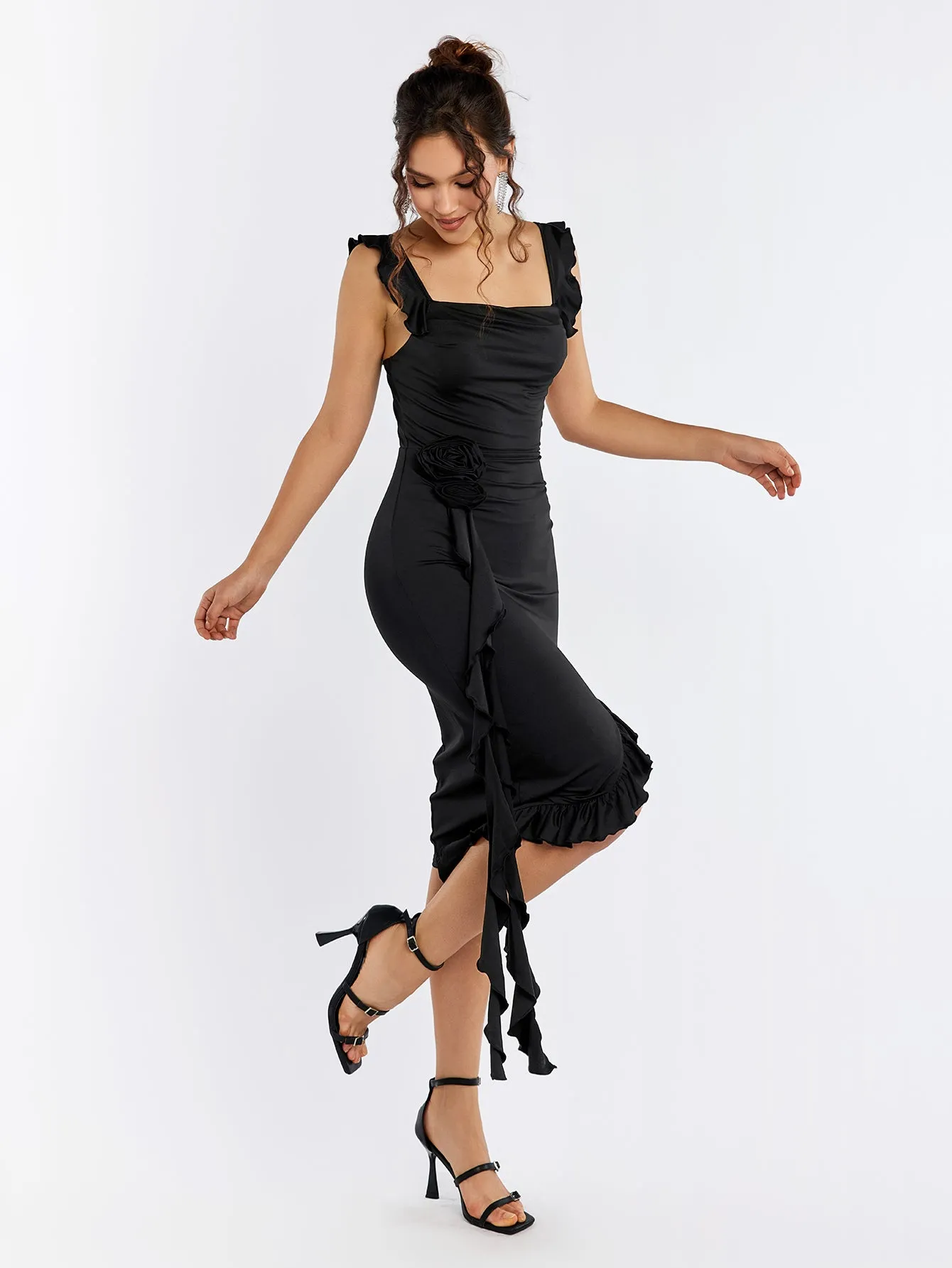 Fly Sleeve Embellished Flower Asymmetrical Hem Dress