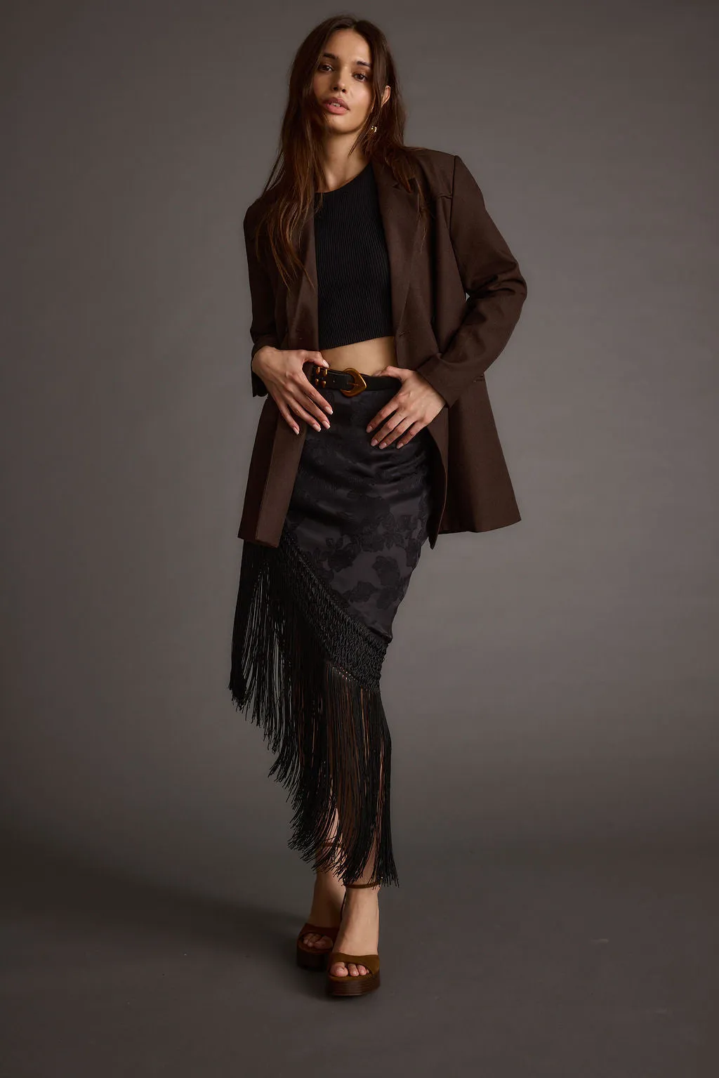 Frankie Black Satin Jacquard Fringe Midi Skirt