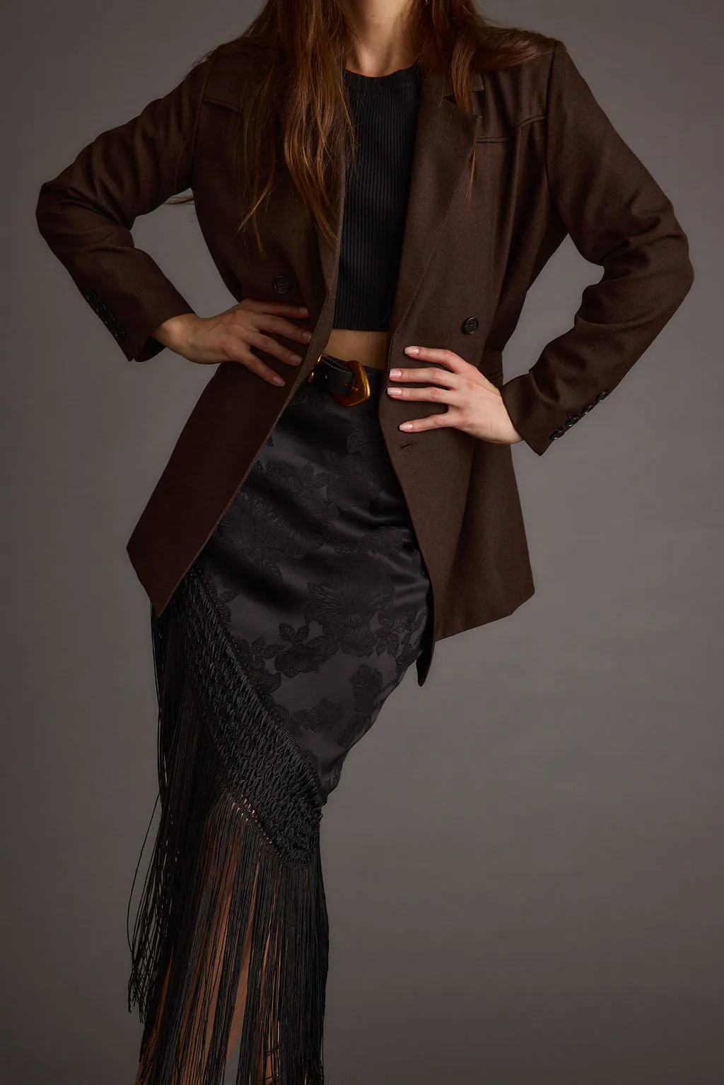 Frankie Black Satin Jacquard Fringe Midi Skirt