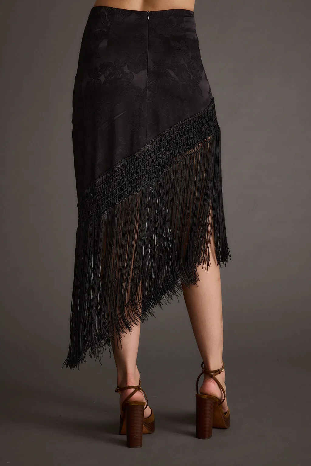 Frankie Black Satin Jacquard Fringe Midi Skirt