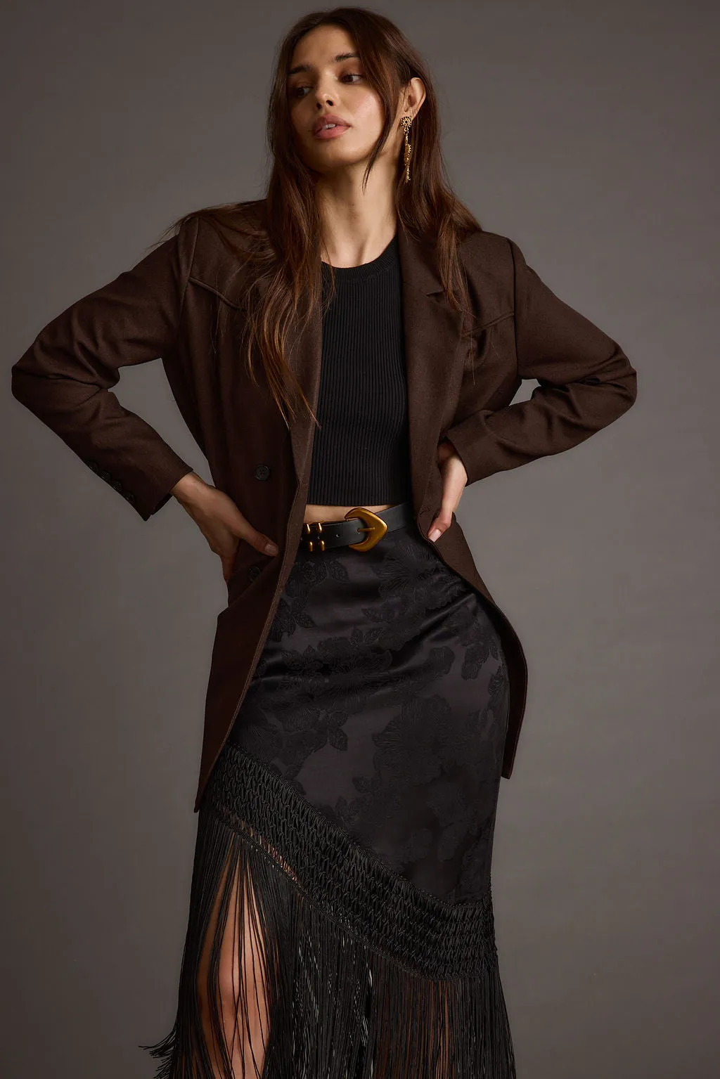 Frankie Black Satin Jacquard Fringe Midi Skirt