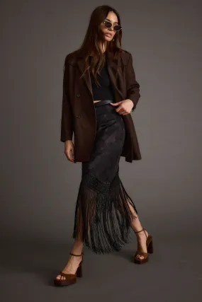 Frankie Black Satin Jacquard Fringe Midi Skirt