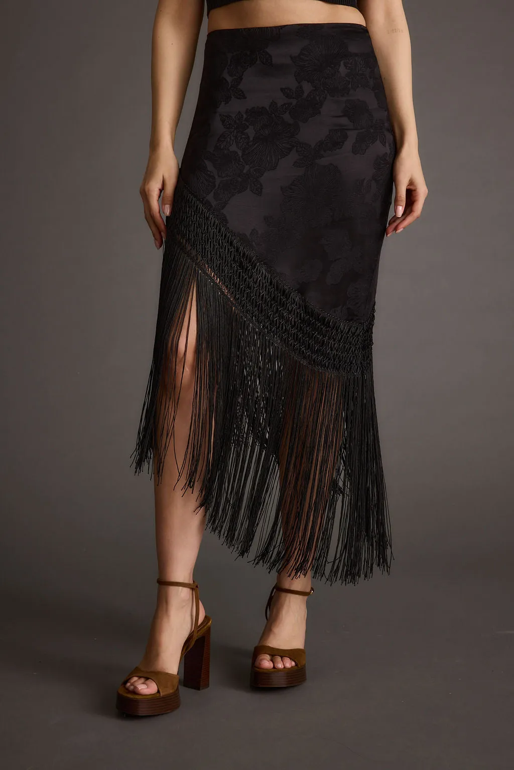 Frankie Black Satin Jacquard Fringe Midi Skirt