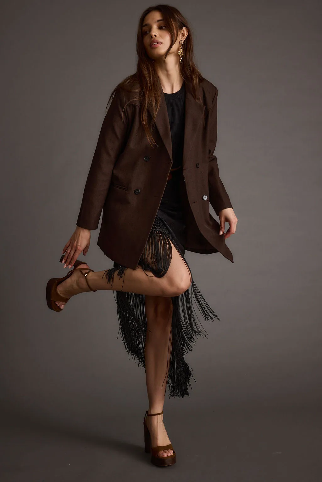 Frankie Black Satin Jacquard Fringe Midi Skirt