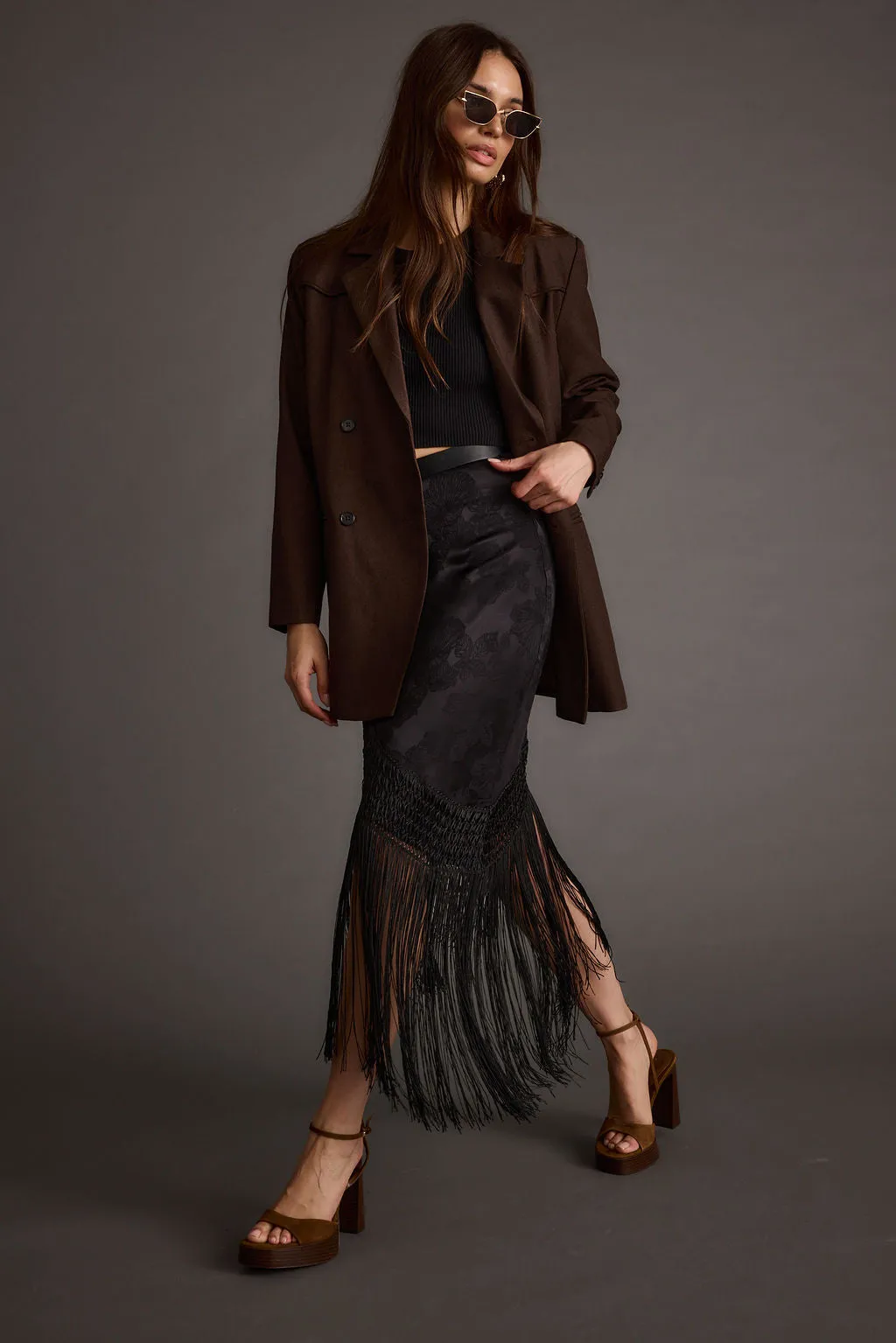Frankie Black Satin Jacquard Fringe Midi Skirt