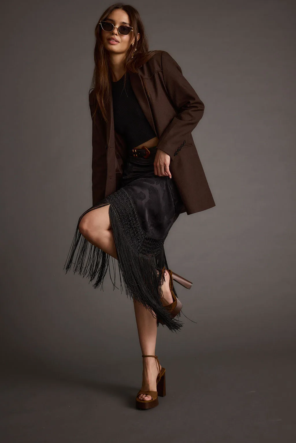 Frankie Black Satin Jacquard Fringe Midi Skirt