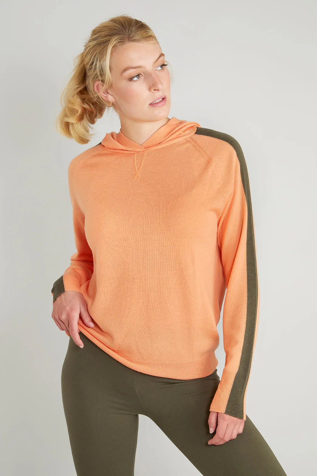 Ladies striped hoodie jumper in tangerine & khaki