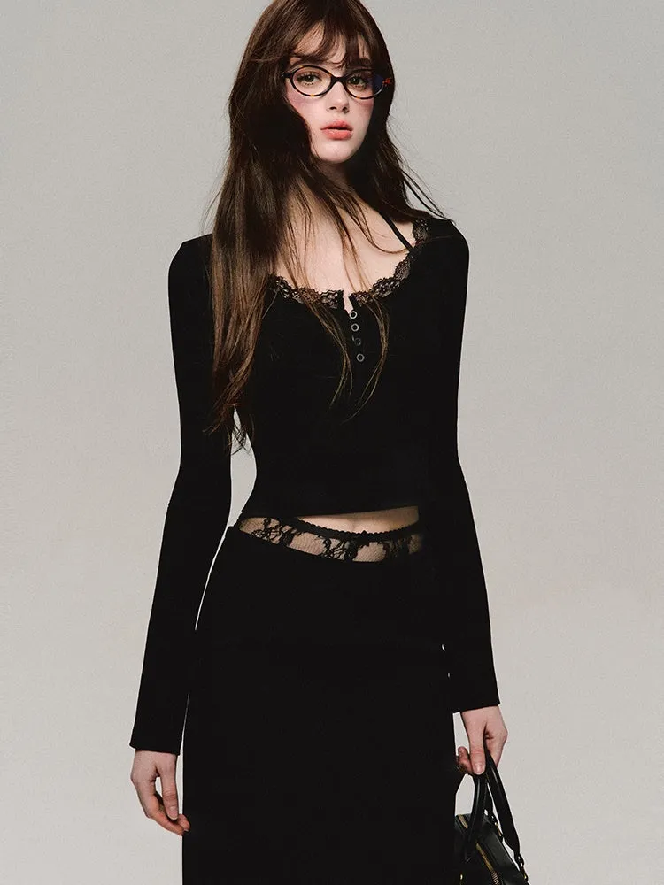 Low-waist Lace Splicing Straight Skirt