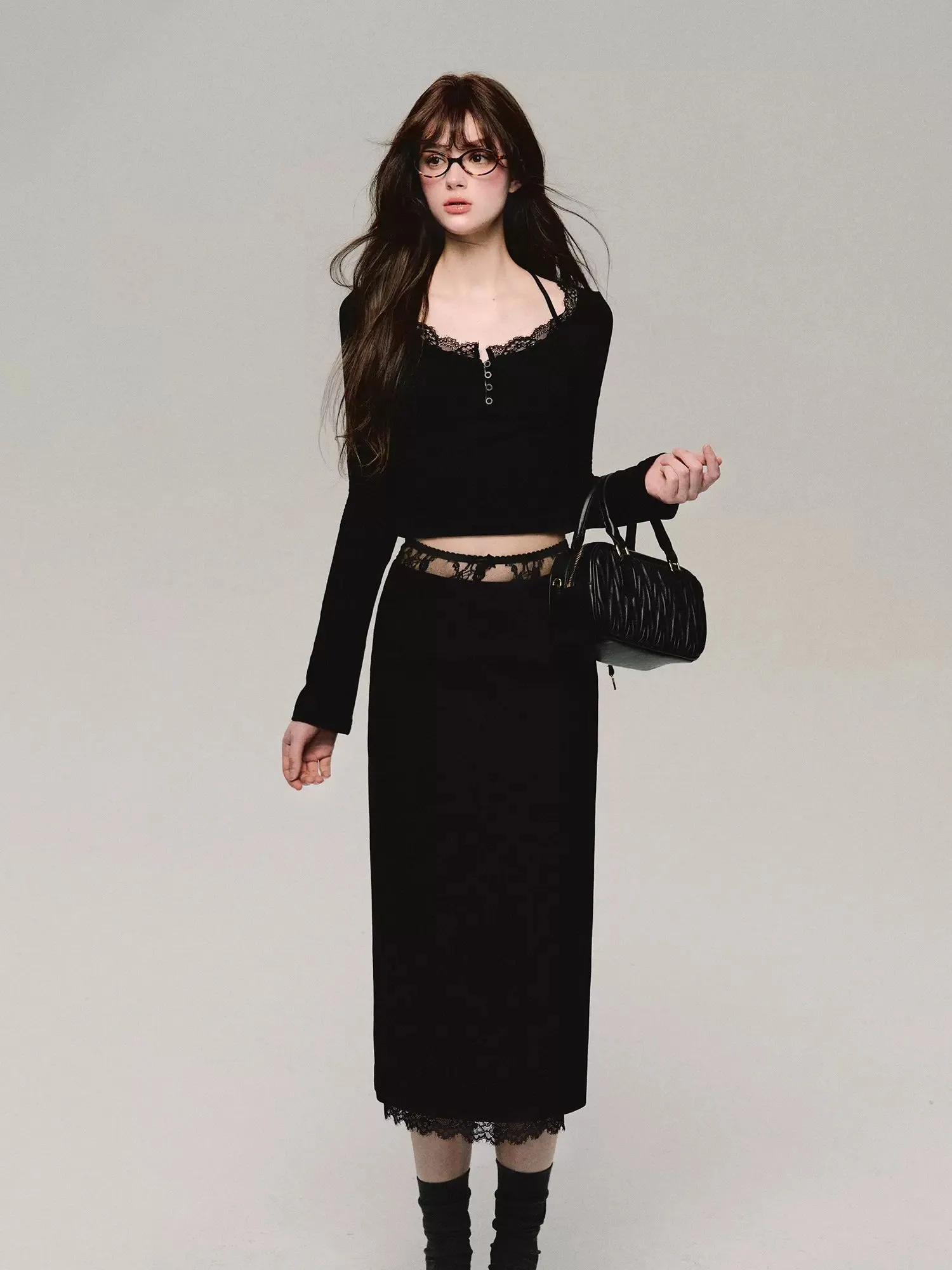 Low-waist Lace Splicing Straight Skirt