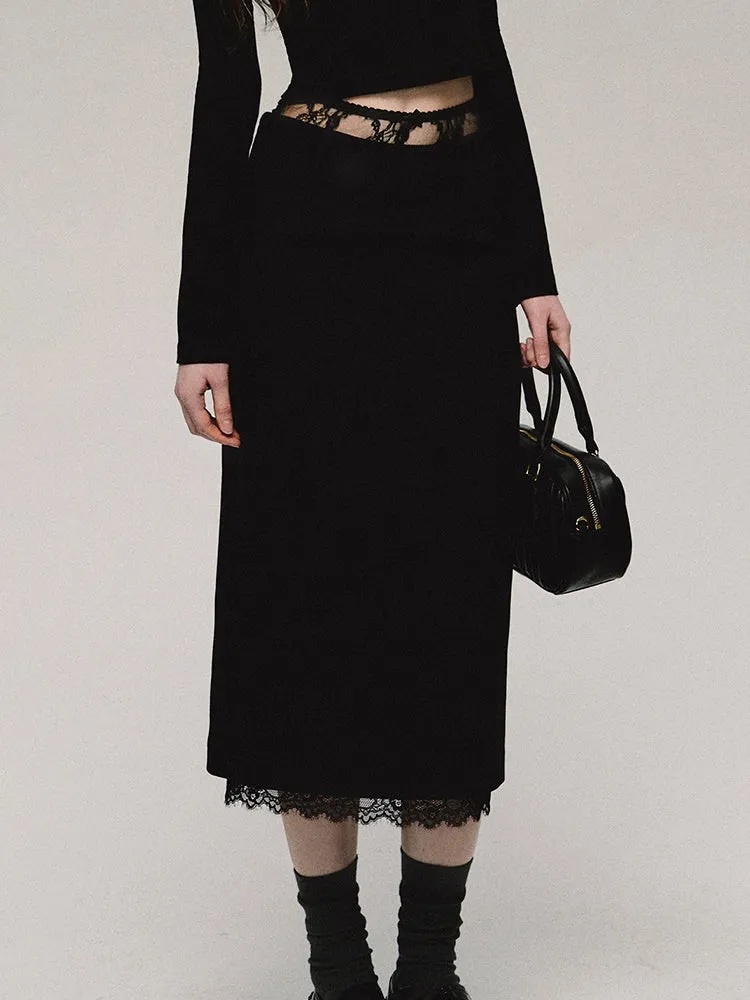 Low-waist Lace Splicing Straight Skirt