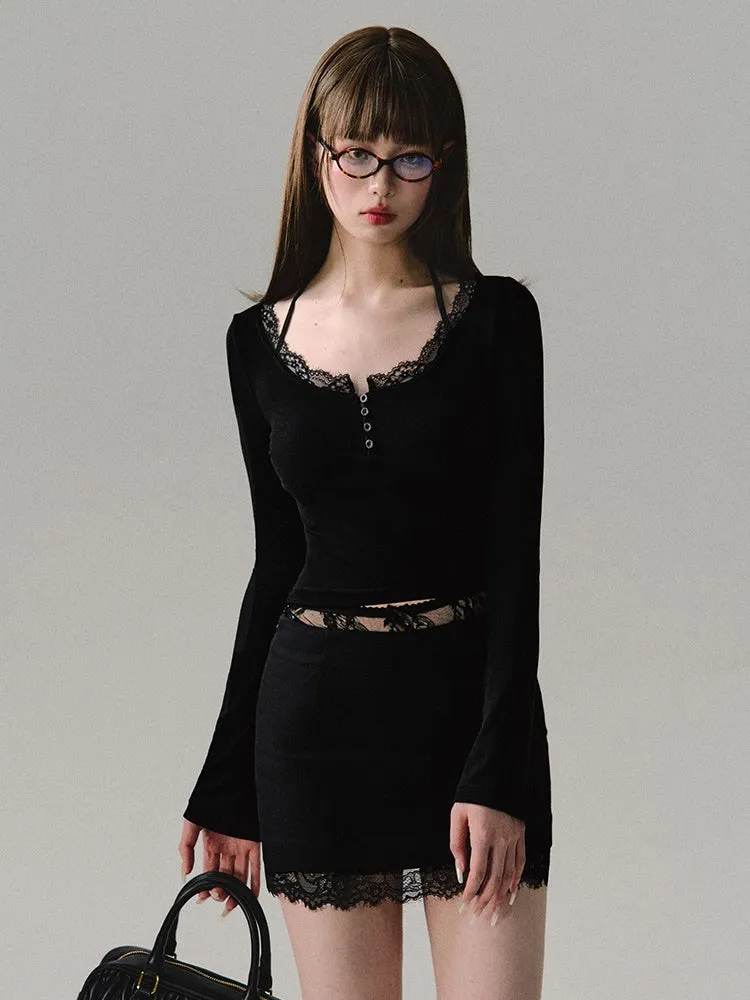 Low-waist Lace Splicing Straight Skirt