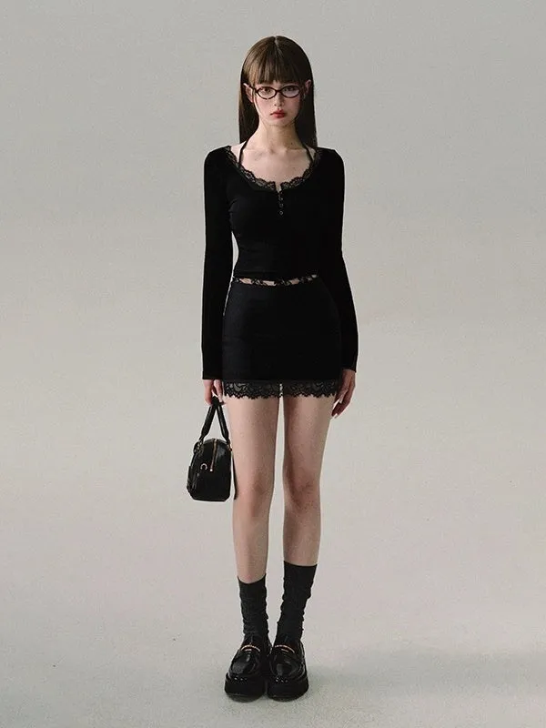 Low-waist Lace Splicing Straight Skirt