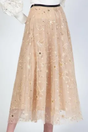 Mesh Midi Length Skirt with Embroidery - Beige -