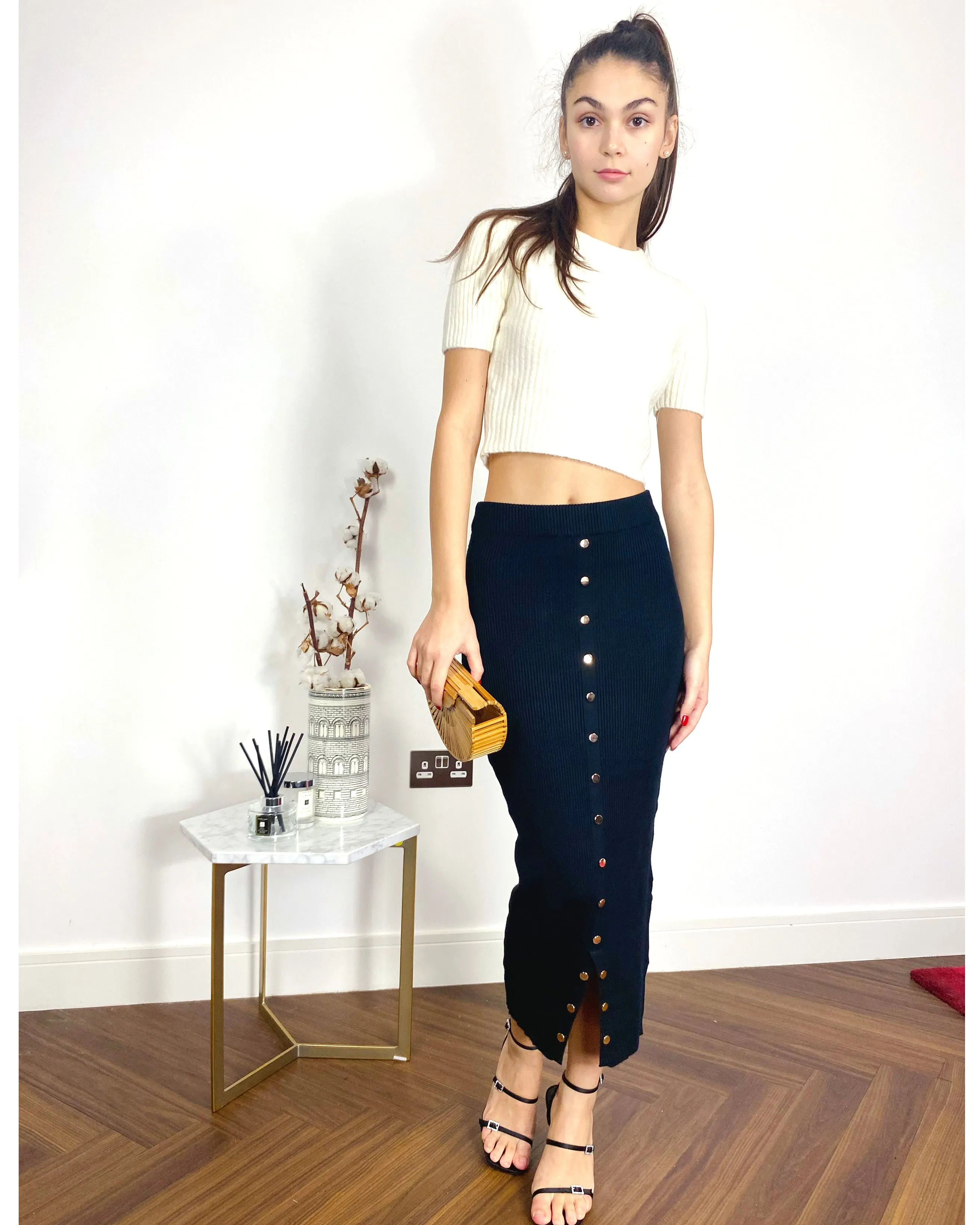 Midi Pencil Skirt in Fine Knit bodycon style in Black