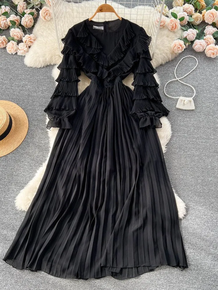 Party Dresses 2023 New V-neck Pleated Cake Sleeve Waist Long Skirt Fashion Sexy Dress Formal Occasion Dresses Woman Clothing