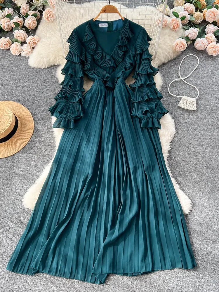 Party Dresses 2023 New V-neck Pleated Cake Sleeve Waist Long Skirt Fashion Sexy Dress Formal Occasion Dresses Woman Clothing