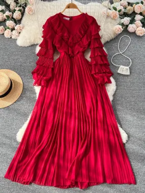 Party Dresses 2023 New V-neck Pleated Cake Sleeve Waist Long Skirt Fashion Sexy Dress Formal Occasion Dresses Woman Clothing