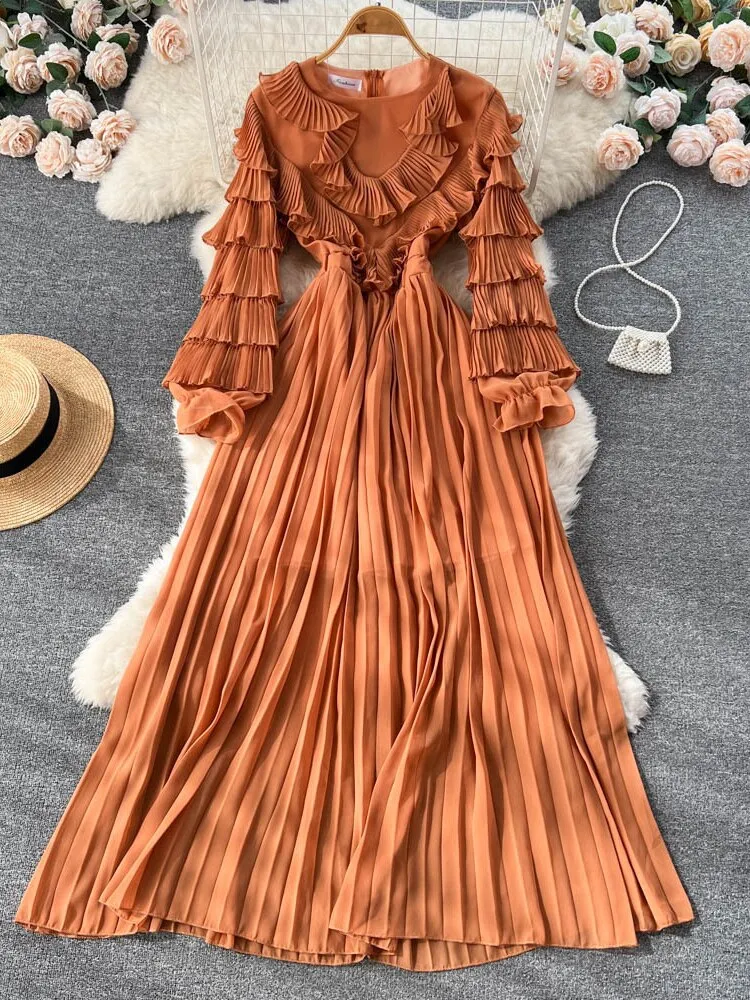 Party Dresses 2023 New V-neck Pleated Cake Sleeve Waist Long Skirt Fashion Sexy Dress Formal Occasion Dresses Woman Clothing