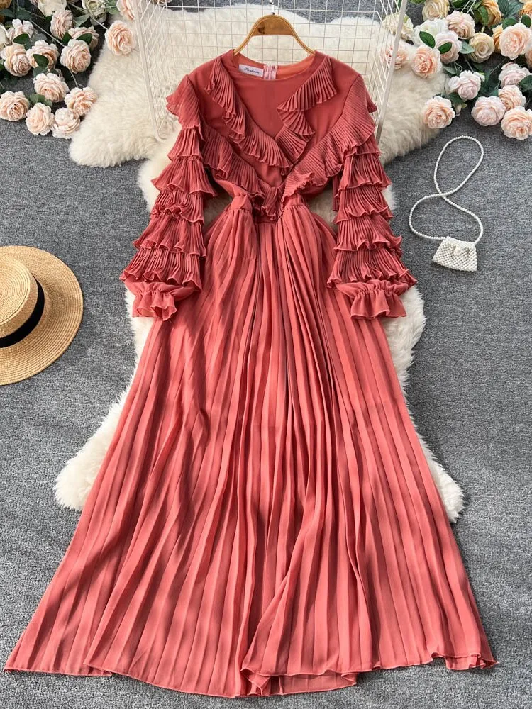 Party Dresses 2023 New V-neck Pleated Cake Sleeve Waist Long Skirt Fashion Sexy Dress Formal Occasion Dresses Woman Clothing