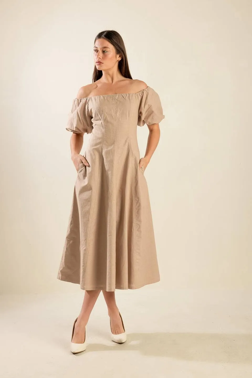 Puff Sleeve Taupe Dress