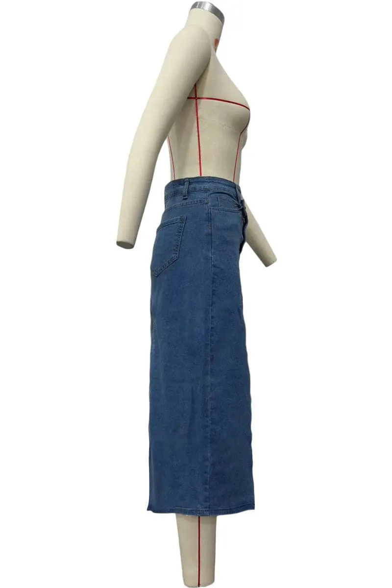 QC195 Cutout Denim Long Skirt