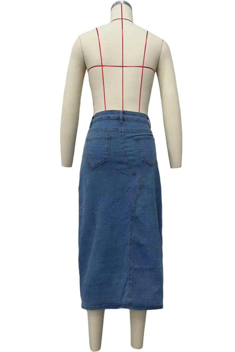 QC195 Cutout Denim Long Skirt