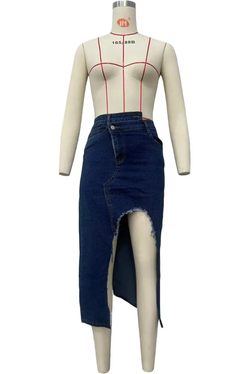 QC195 Cutout Denim Long Skirt