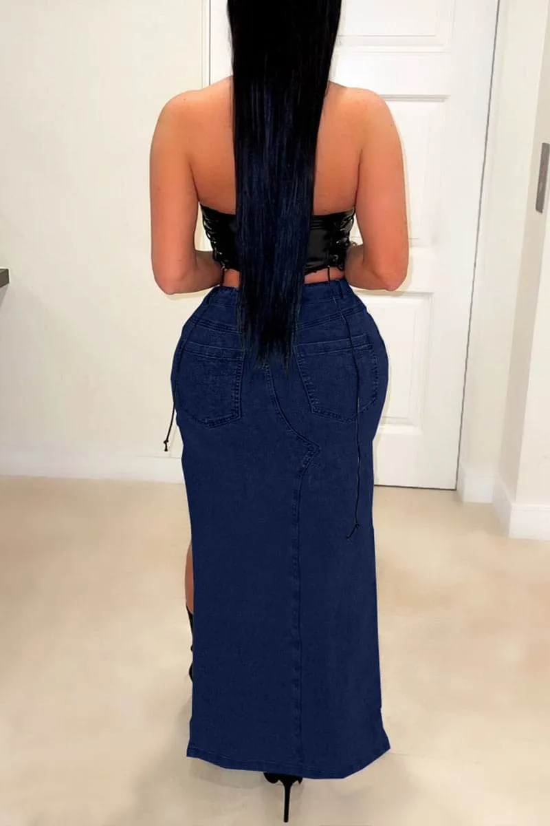 QC195 Cutout Denim Long Skirt