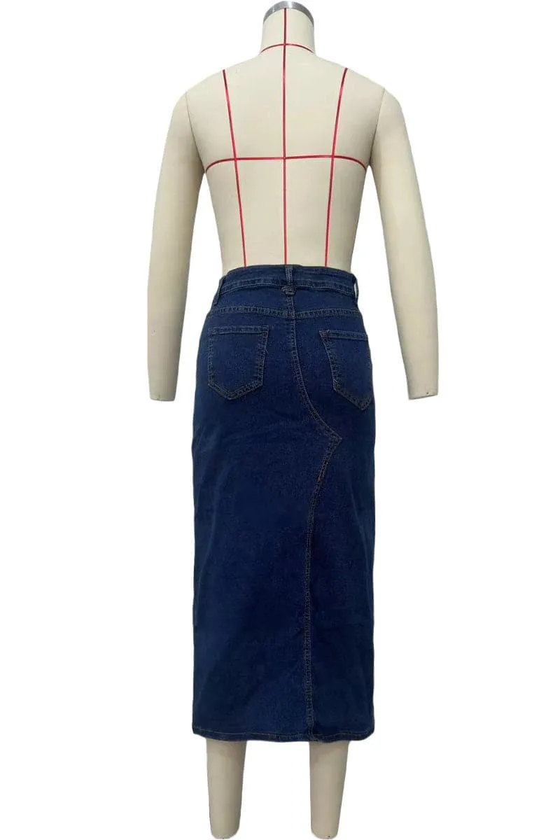 QC195 Cutout Denim Long Skirt