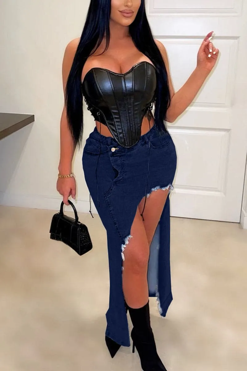 QC195 Cutout Denim Long Skirt