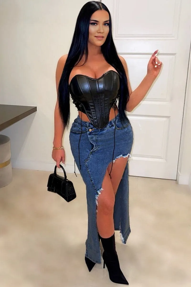 QC195 Cutout Denim Long Skirt
