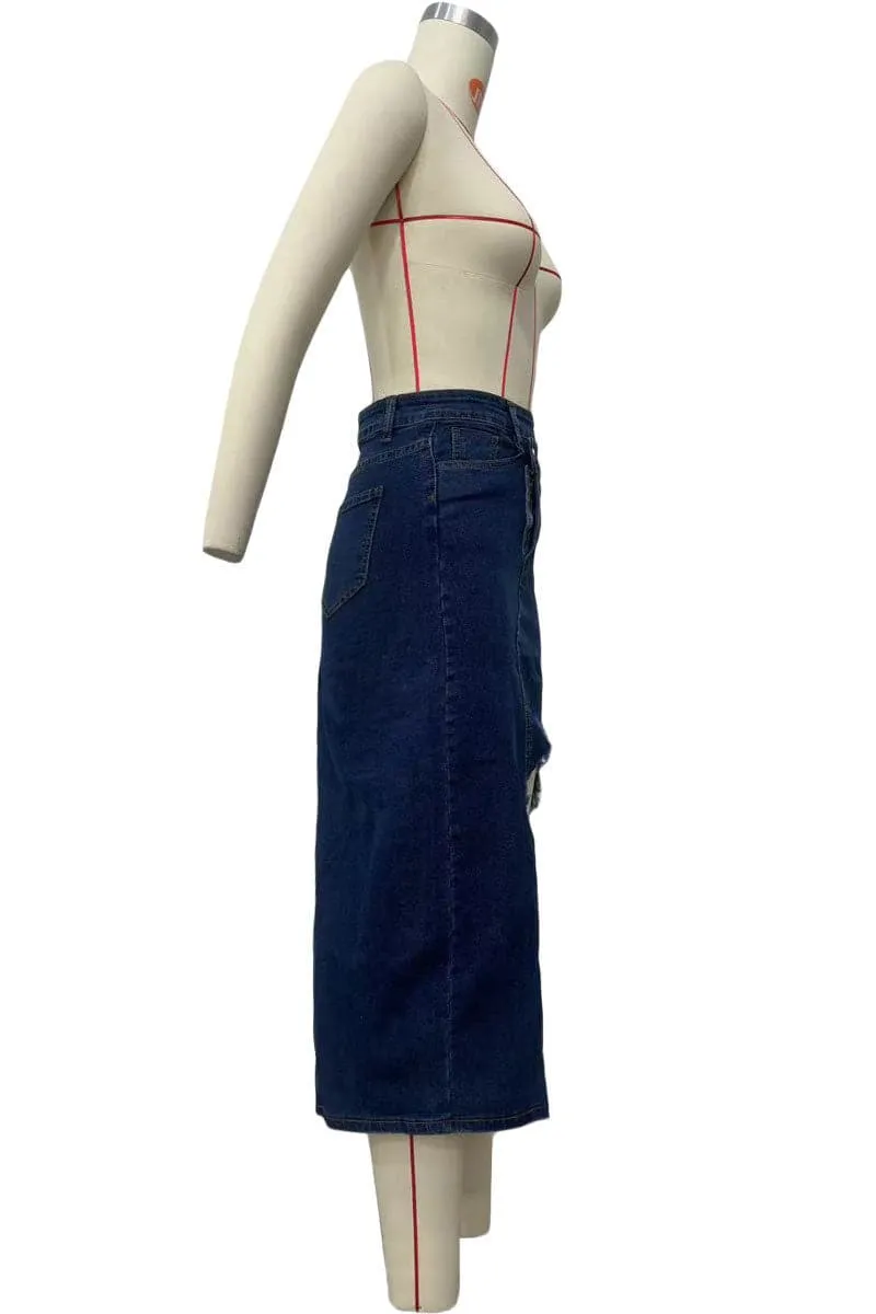 QC195 Cutout Denim Long Skirt