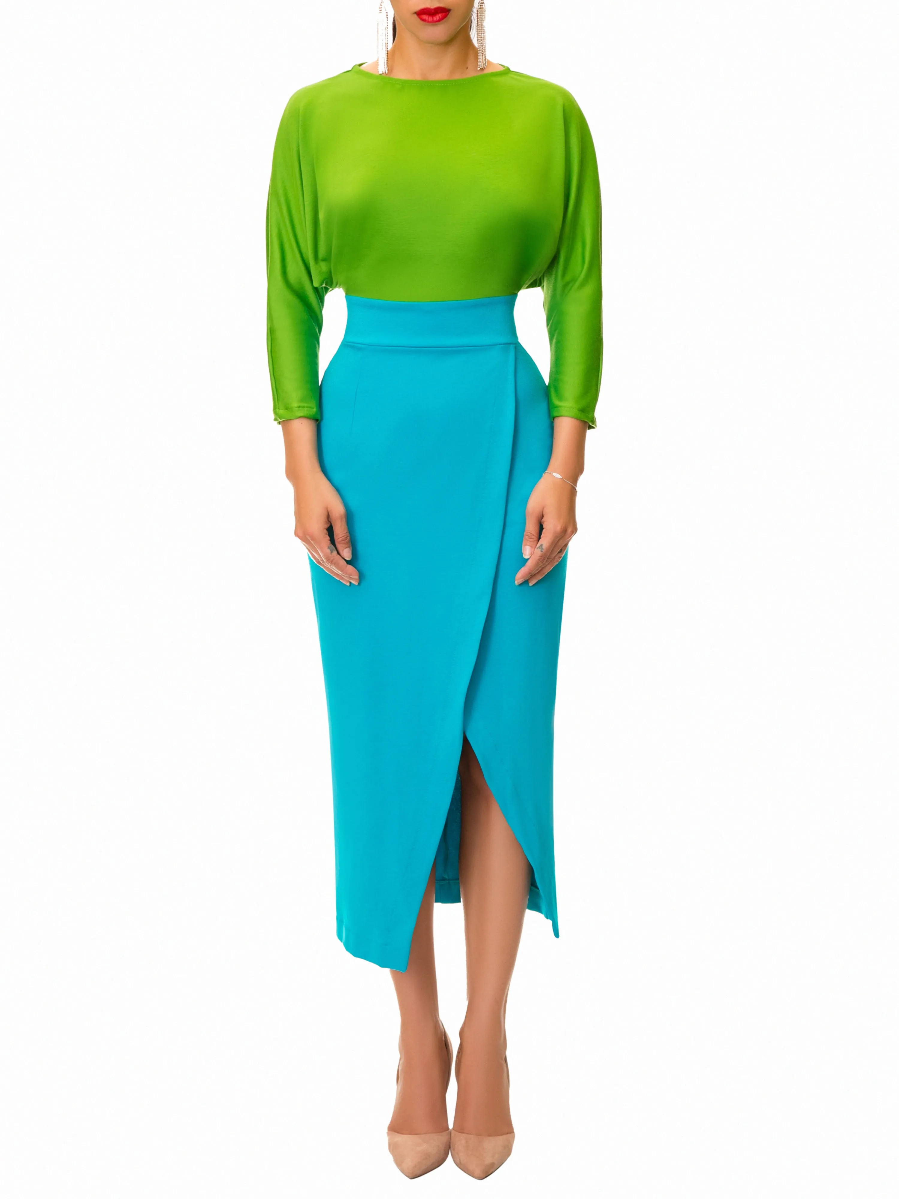 "Robyn" Forest Green/Teal Dolman Sleeve Pencil Dress