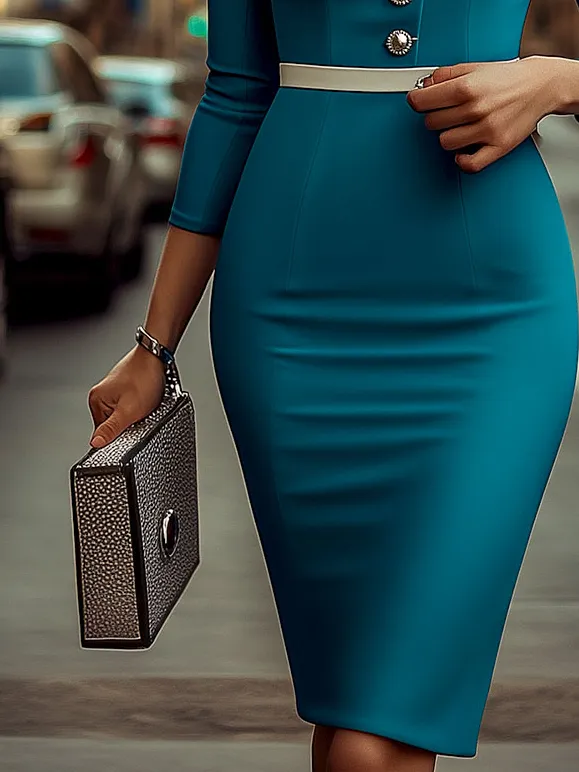 Retro Constract Trim Half-placket Chiffon Pencil Dress