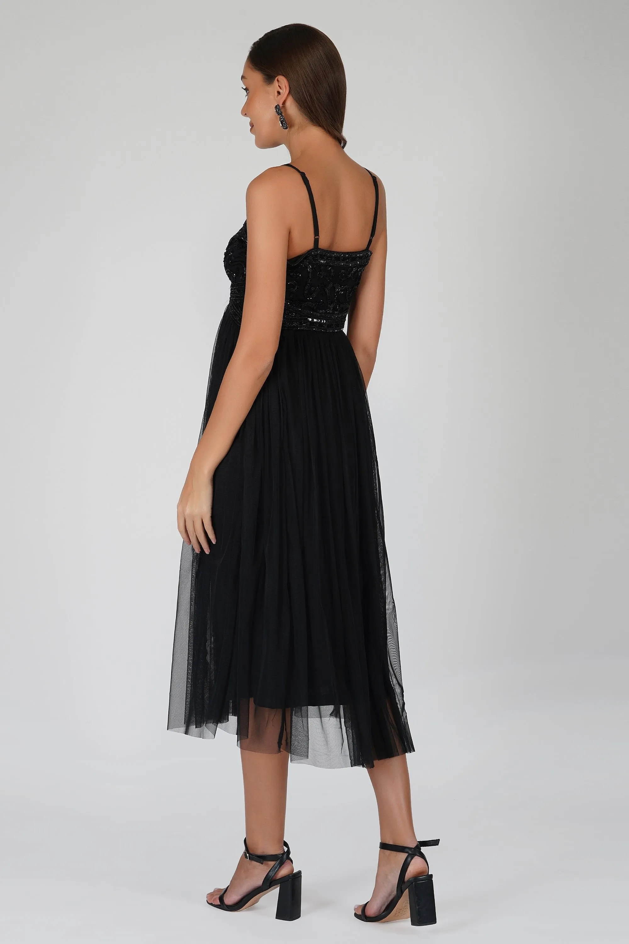Ruhi Embellished Midi Dress in Black