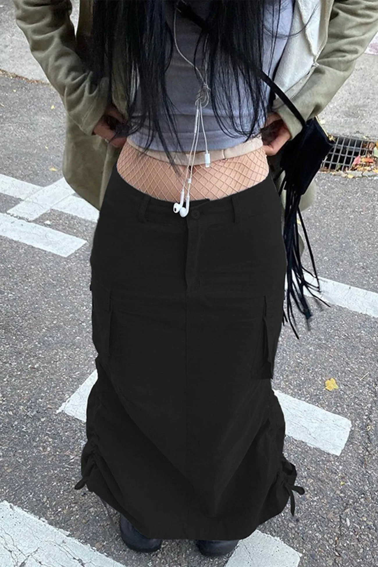 TastyHottie - Solid Color Back Slit Ruched Pocket Midi Skirt