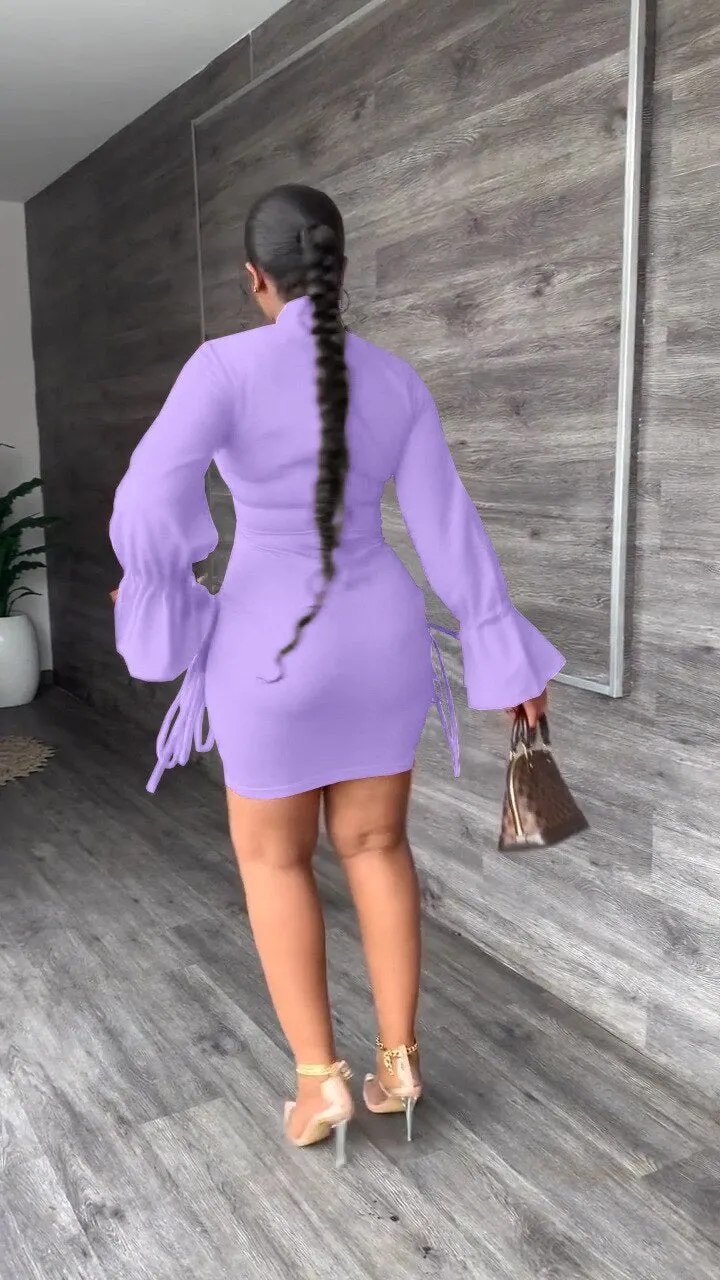 V-Neck Flared Long Sleeves Office Bodycon Dress