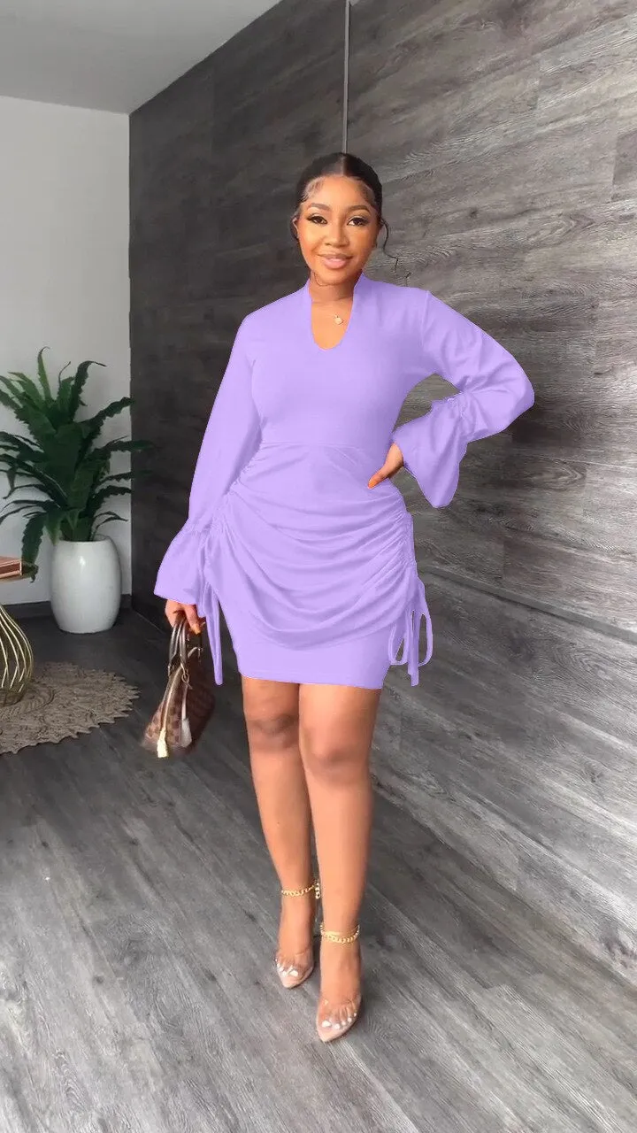 V-Neck Flared Long Sleeves Office Bodycon Dress