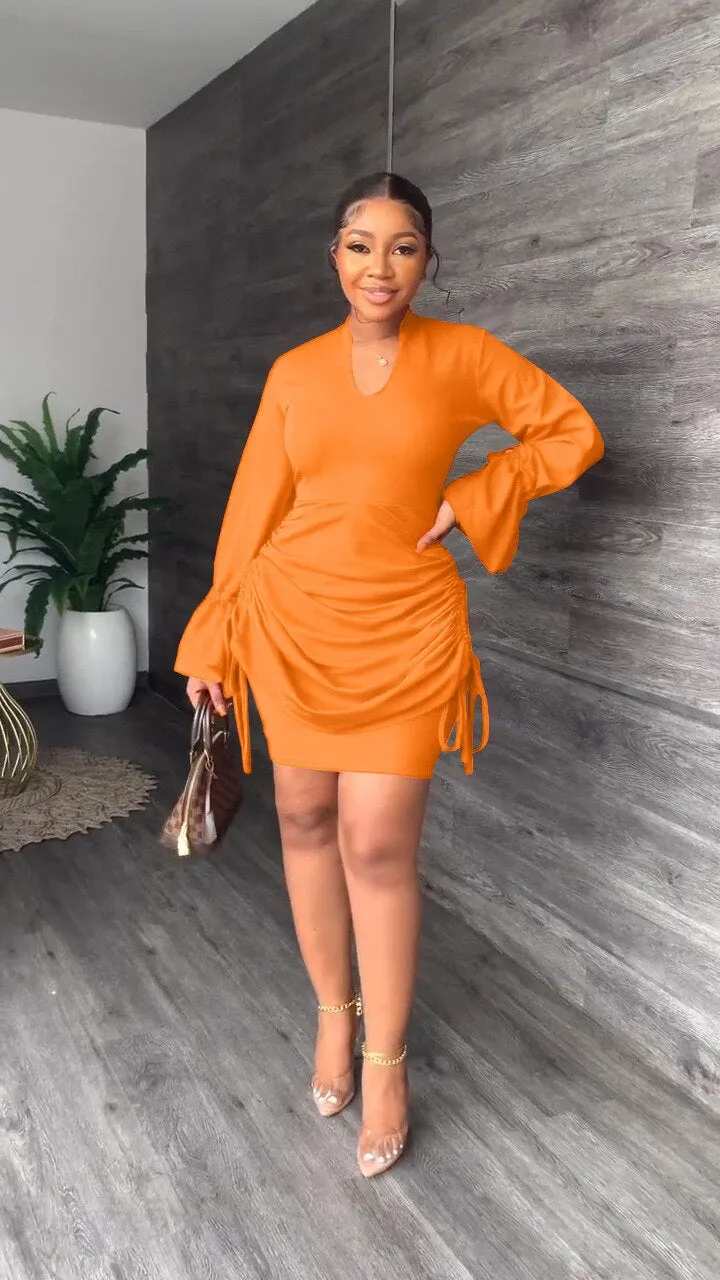 V-Neck Flared Long Sleeves Office Bodycon Dress