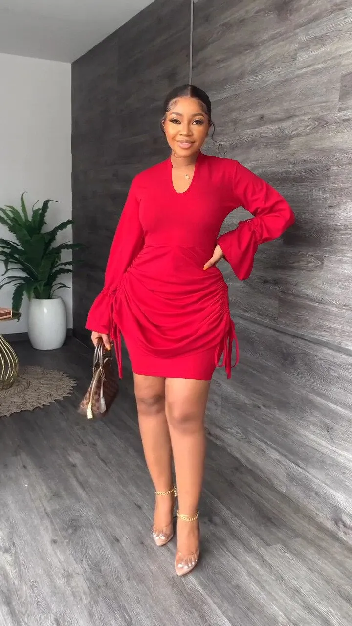 V-Neck Flared Long Sleeves Office Bodycon Dress