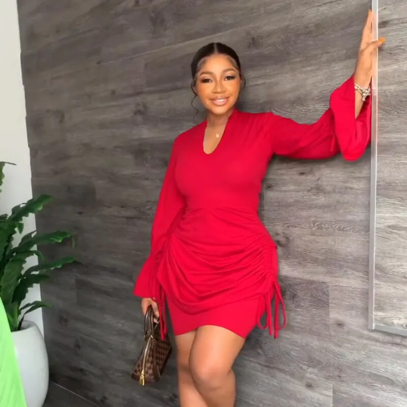V-Neck Flared Long Sleeves Office Bodycon Dress