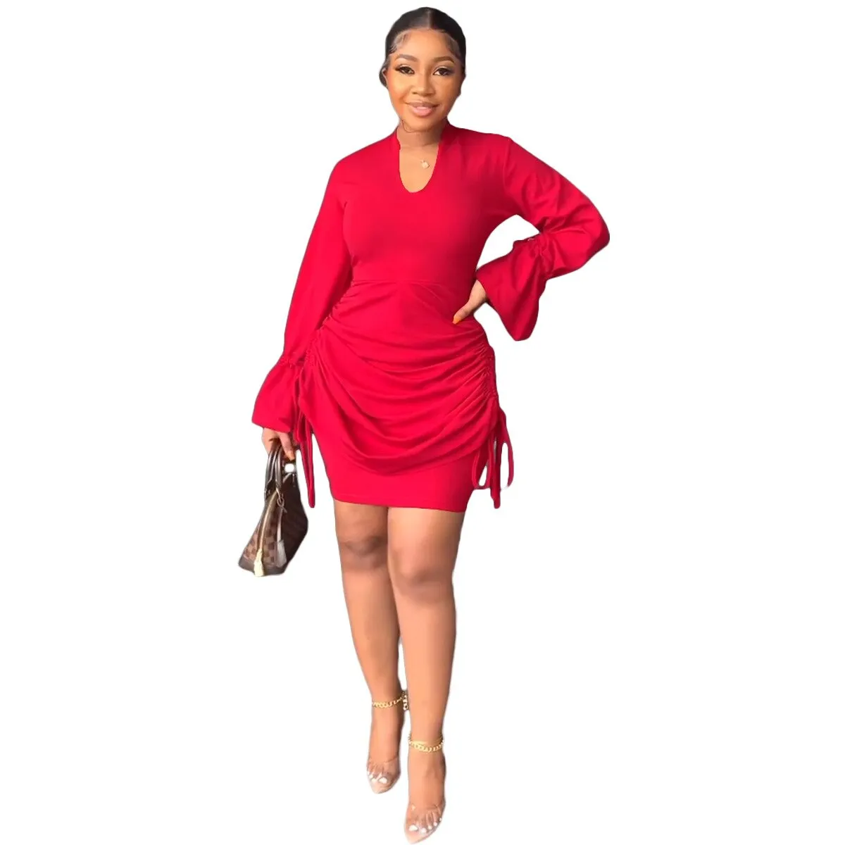 V-Neck Flared Long Sleeves Office Bodycon Dress
