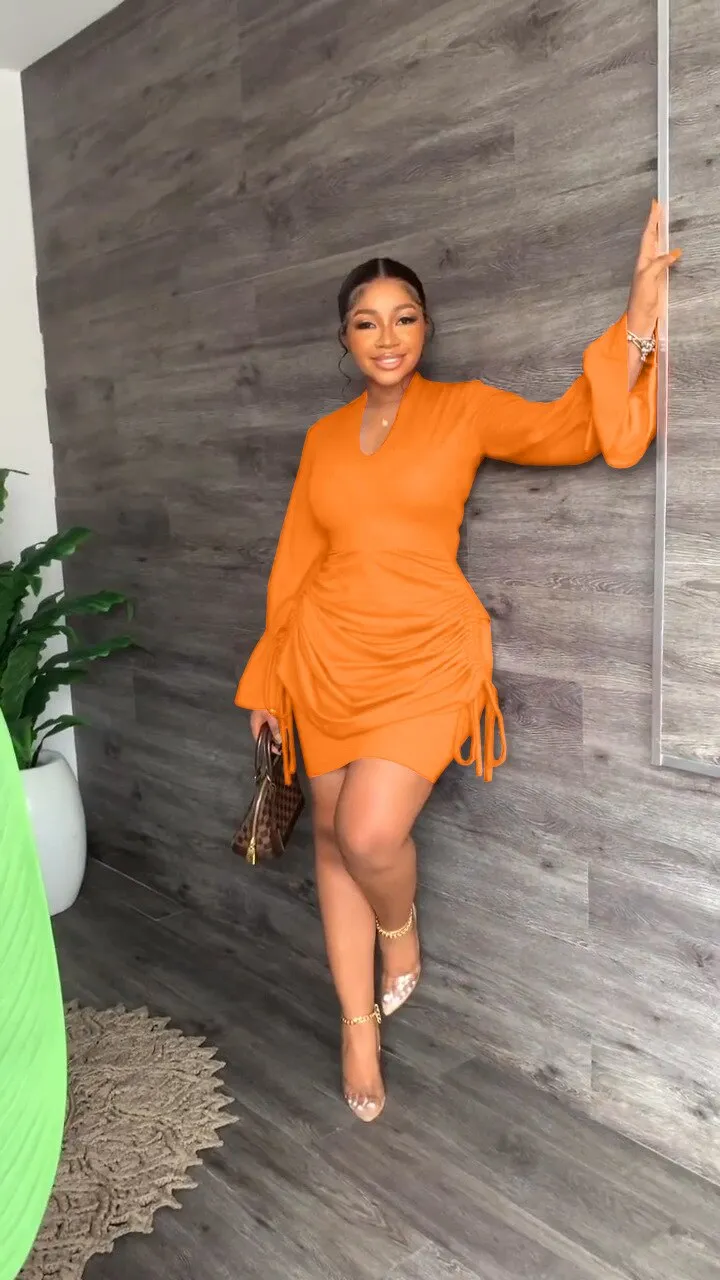 V-Neck Flared Long Sleeves Office Bodycon Dress
