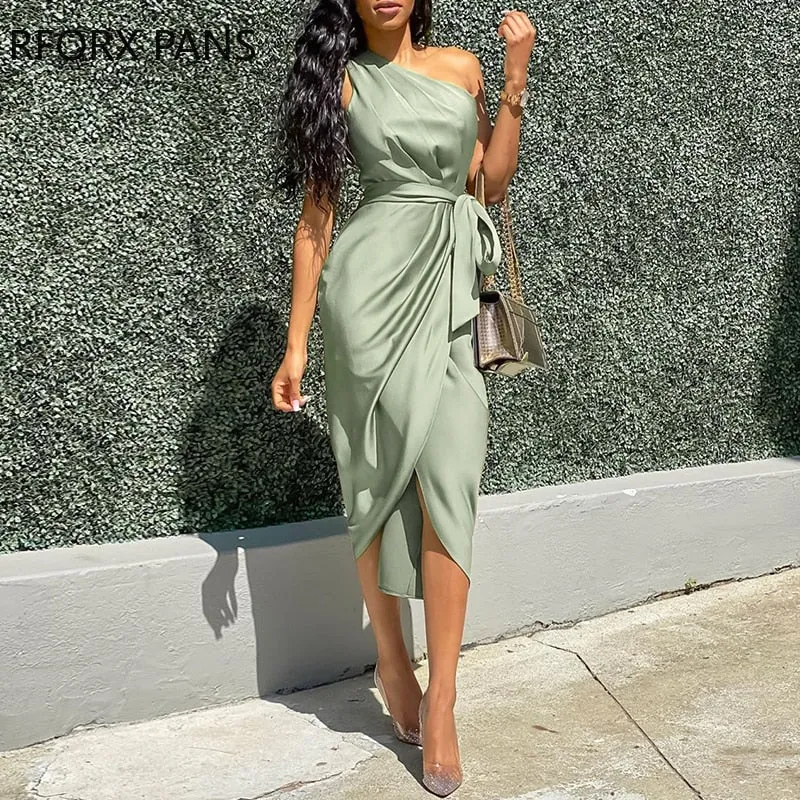 Vintage  Asymmetrical One Shoulder Sleeveless Bodycon Women Dress